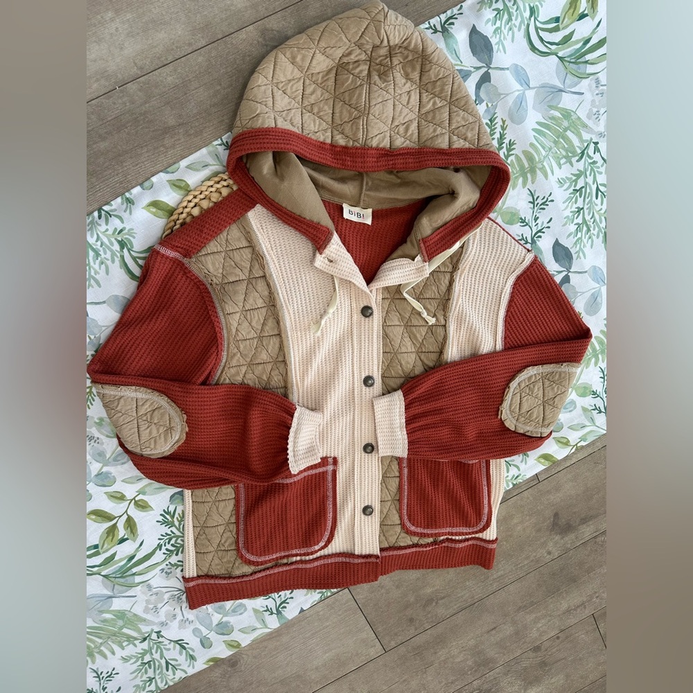 New BiBi Women’s Thermal Quilted Waffle Sweater Patchwork Shacket Jacket Size SM - Picture 16 of 16